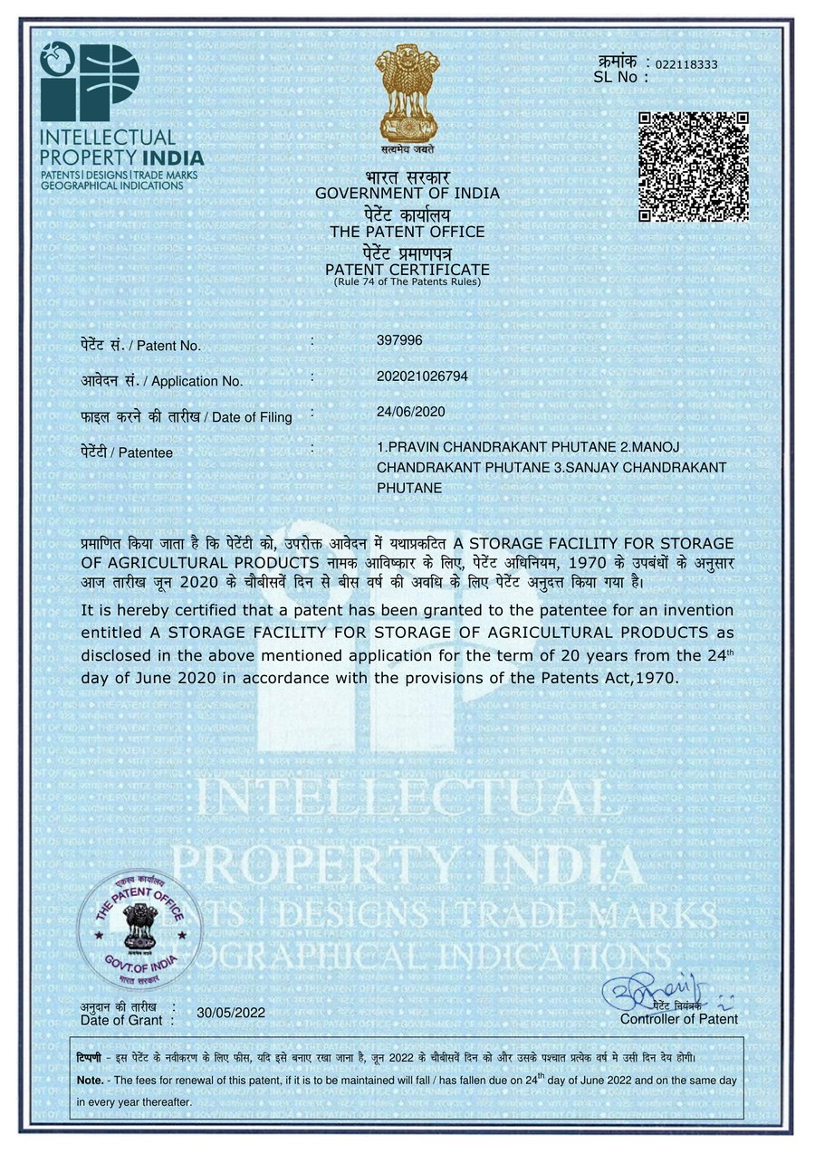 Patent certificate 397996 — A Storage Facility for Storage of Agricultural Products