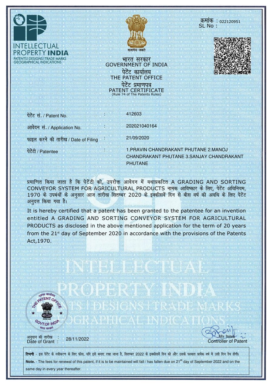 Patent certificate 412603 — A Grading & Sorting Conveyor System for Agricultural Products